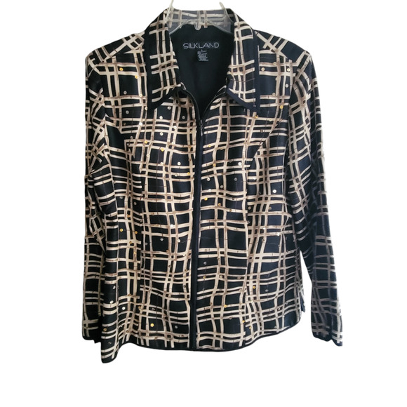 Silkland Women Jacket 100% silk Size Large Geometric design Sequins Lined - Picture 6 of 12